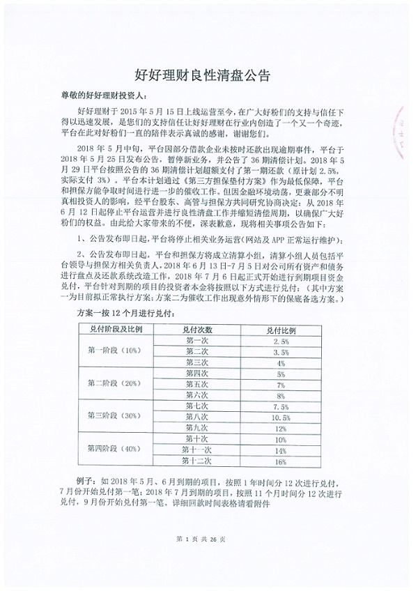 好好理财 2018.6.13-17:01······好好理财良性清盘公告······平台停止业务运营······公布2套兑付方案······方案一为目前拟正常执行方案······方案二为催收工作出现意外情况下的保底备选方案